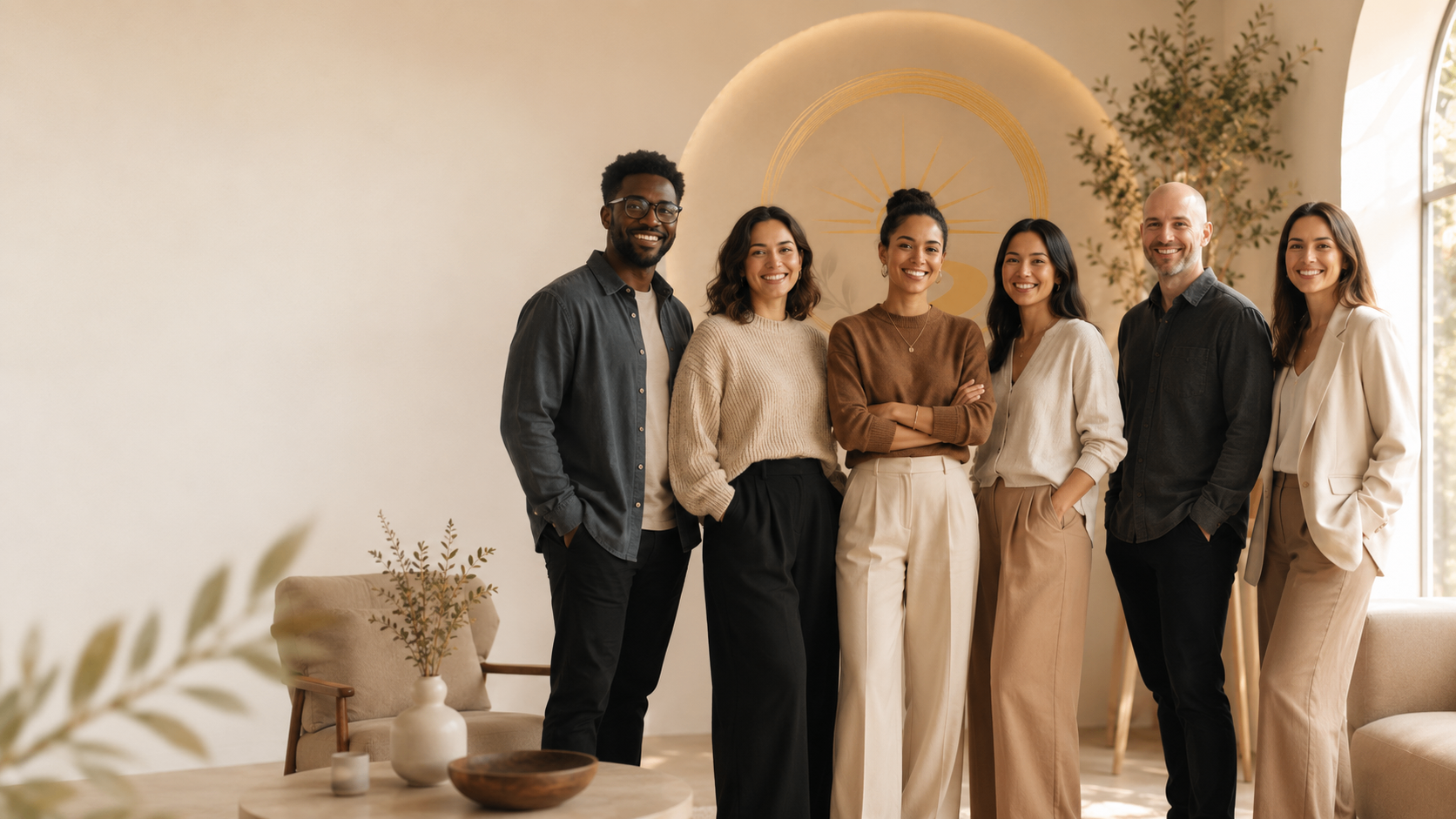 The Reset Circle team standing together in a warm, sunlit room.